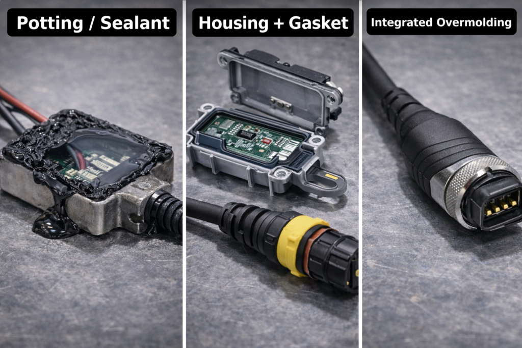electronics encapsulation comparison potting vs housing vs overmolding