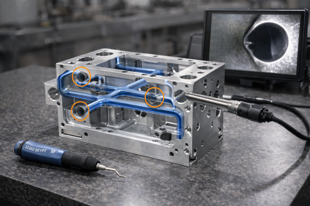 aerospace manifold deburr cross holes internal verification