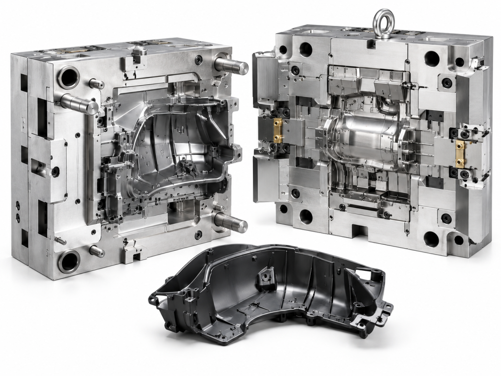 Automotive injection mold tooling with molded plastic housing