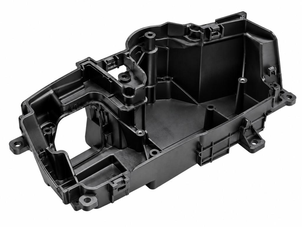 Injection-molded automotive plastic housing with ribs, bosses and mounting features