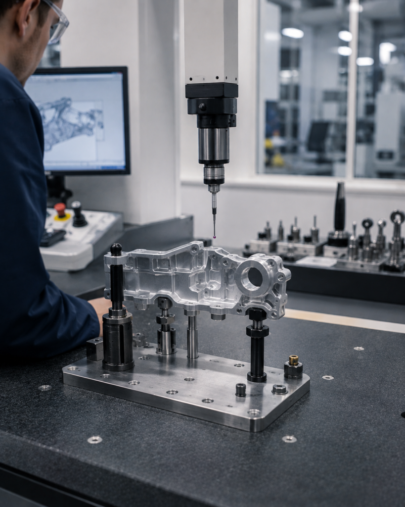 CMM inspection of a precision automotive part in a quality control environment