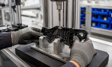 Injection-molded plastic component undergoing functional performance testing