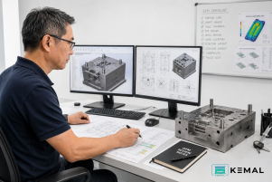 Engineer reviewing injection mold CAD design and DFM before prototype tooling