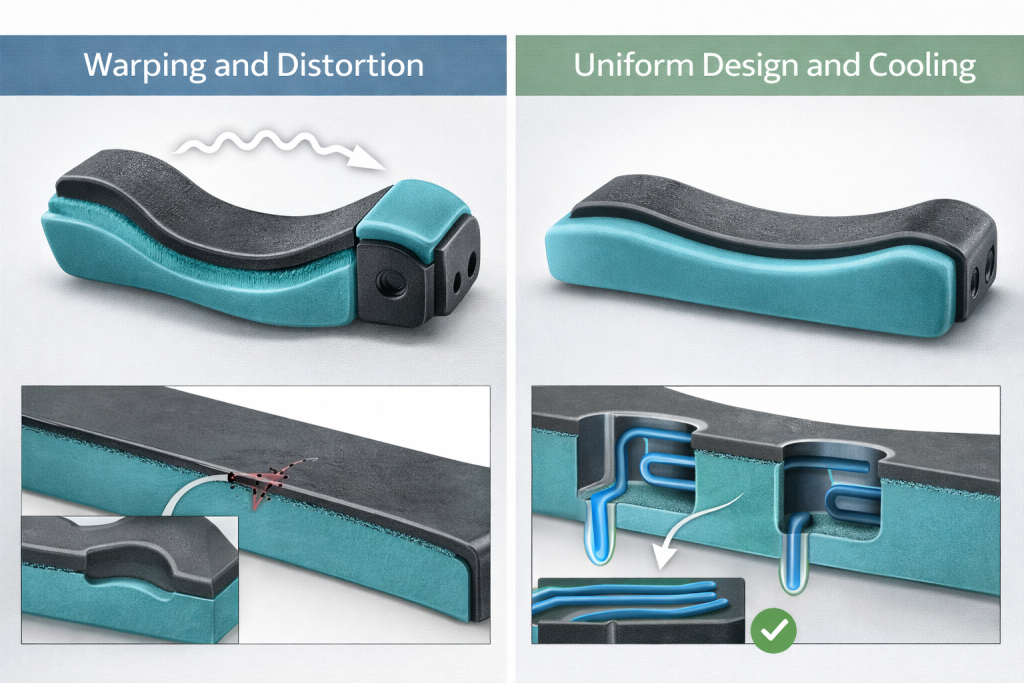 overmolding warping distortion uniform cooling