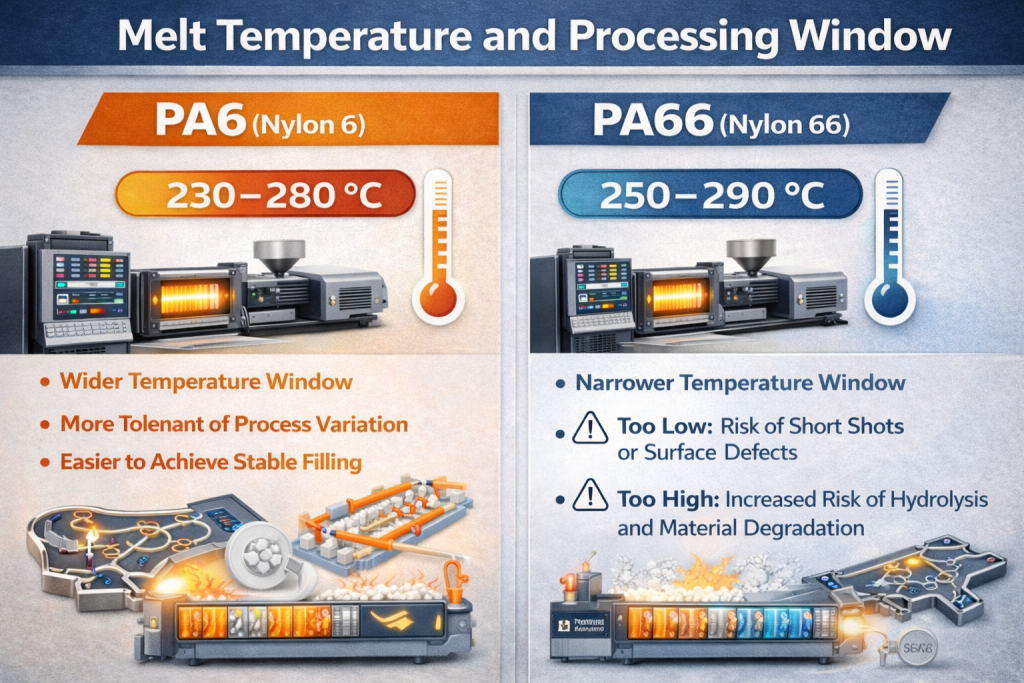 pa6 pa66 melt temperature processing window