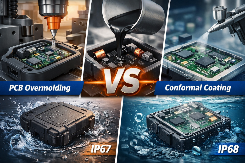 pcb overmolding vs potting vs conformal coating ip65 ip68