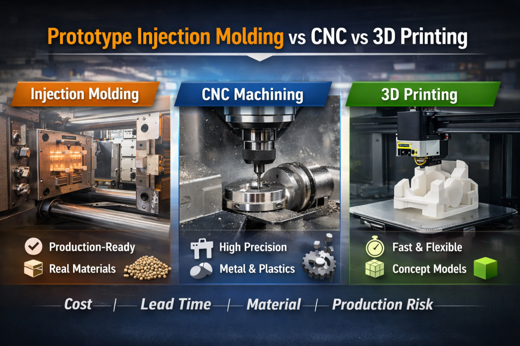 prototype injection molding vs cnc vs 3d printing