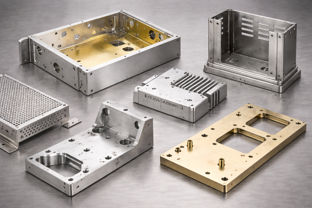 typical sheet metal parts assortment enclosures brackets panels